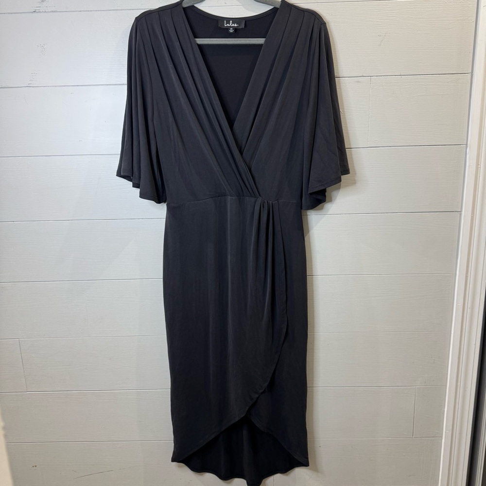 Lulu's Dulcet Washed Black Surplice Midi Dress Medium - Picture 2 of 12